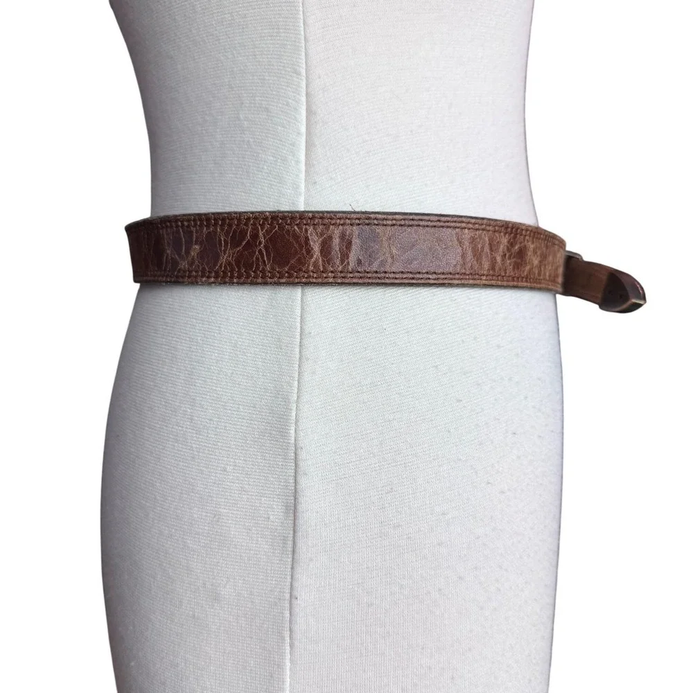 Vintage Women's 90's Boho Brown Leather Brass Belt 28